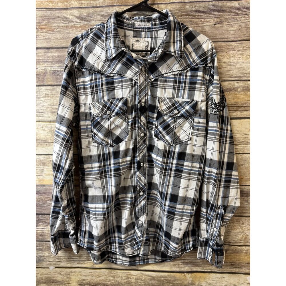 Men's BKE Denim Button‎ Down Shirt L Large Plaid Blue Striped Pearl Snap Buttons